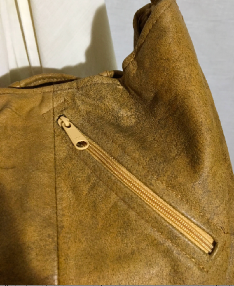 Tan Distressed Leather Hobo Bag zipper detail
